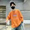 Camiseta casual de manga longa estilo coreano para meninos, 100% algodão, coleção primavera/outono 2026, gola redonda, corte solto, moderna