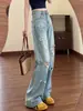 Elegantes jeans de corte recto para mujer, color azul claro, estilo americano, rotos y desgastados, para primavera y otoño, moda urbana, pierna ancha, geniales y atrevidos, hasta el suelo