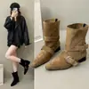 Novas Botas Curtas 2026 Femininas Retrô Francês Jeans Botas Fivela de Cinto Botas Martin Salto Grosso Ocidental Outono/Inverno Atacado Pequeno