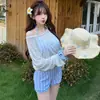 Traje de Baño para Mujer 2026 Nuevo Estilo Rayas Azules y Blancas Estilo Marino Conservador Pantalones Cortos Tipo Boxer Conjunto de Tres Piezas con Cubierta Exterior Bikini