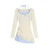 Vestido a Cuadros de Contraste con Cuello Halter Estilo Dulce y Picante Urbano, Falso Dos Piezas para Mujer, Otoño e Invierno, Manga Larga, Tejido de Punto, Cordón, Falda Corta Ajustada a la Cadera