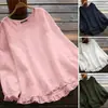 Roupas femininas transfronteiriças, blusa de algodão e linho com gola redonda, mangas compridas e babados, caimento solto, com barra assimétrica, AliExpress