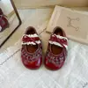 Zapatos de piel para niña estilo rústico con estampados a cuadros, volantes, encaje, moños, punta redonda, zapatos vintage artísticos de princesa para niños