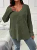 Fornecimento exclusivo transfronteiriço de estilos populares de outono/inverno: Camisetas de malha canelada escovada com decote V plus size europeias e americanas, tops soltos e casuais, suprimento para exportação