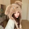 Chapéu de Pelúcia com Orelhas de Cachorro Peludo para Mulheres no Outono e Inverno, Proteção contra Frio, Proteção Auricular, Aquecimento, Versátil e que Mostra o Rosto, Pequeno Chapéu de Tricô