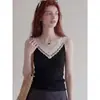 Camisola sexy y dulce estilo francés con retazos de encaje y escote en V para mujer, top de verano elegante y adelgazante