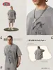 Camiseta de Manga Corta Lavada Vintage para Hombre, Marca de Ropa para Hombre de Tendencia Europea y Americana, Estilo Occidental High Street con Bordado de Logo y Estampado de Cabeza de Caballo.