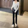 Suéter de punto con cuello en V para mujer, suéter de manga larga con cintura francesa, irregular, para otoño e invierno