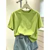 Camiseta feminina de manga curta 100% algodão, nova moda 2026, top verde versátil e estiloso, roupa de verão