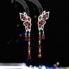 Pendientes de aguja de plata s925 con circonita de color engastada, Biyi doble vuelo largos para rostro modificado, mariposa gota de agua con borla