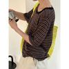 Lvu verão novo estilo coreano preguiçoso contraste listrado Tencel malha manga curta camiseta respirável casual top para as mulheres