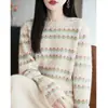Estilo Nuevo Otoño e Invierno Suéter 100% Lana Pura para Mujer Cuello Redondo Rayado Jersey Holgado Jacquard Camisa Interior de Punto