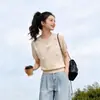 Top de camiseta casual de punto con cuentas pesadas, estilo coreano, adelgazante, versátil, cuello redondo, manga corta, para mujer, novedad Verano 2026