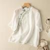 Blusa de Algodão e Linho com Carcela Oblíqua e Botão Prato para Mulheres, Estilo Nacional Retrô Literário, Roupas de Chá Elegantes de Algodão e Linho, Novo Estilo Verão 2025, Estilo Democrático