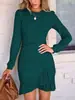 Vestido Europeu e Americano Feminino 2025 Primavera e Outono Emagrecedor Elegante Manga Longa Slim Plissado Gola Redonda Base Cintura Cauda de Peixe