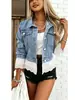 Chaqueta de mezclilla azul para mujer de talla europea y americana, con ribete de encaje, simple, elegante y versátil
