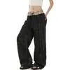 Pantalones casuales de cuadros patchwork de doble cintura con cordón, estilo retro americano, para hombres y mujeres, versátiles, de pierna recta holgada, cintura elástica, largos