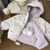 Casaco de inverno de algodão para meninas, estilo novo, espessado, moderno, com estampa floral, jaqueta de algodão infantil, com capuz, reversível, peça de outer wear da moda