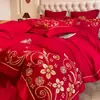 Juego de Cuatro Piezas Rojo Brillante de Alta Calidad para Boda Bordado de Dragón y Fénix Chino Funda Nórdica Sábana Nueva Casa Colcha Alegre Ropa de Cama para Boda
