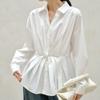 Jinbukang Algodão Plissado Design Branco Camisa Feminina Nova Outono Simples Bonita Pequena Camisa Top de Manga Longa