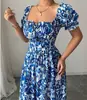Vestido Elegante con Estampado Digital Transfronterizo de Comercio Electrónico Europeo y Americano 2026, Estilo Nuevo, Mangas Abullonadas, Cuello Cuadrado, Cordones en la Cintura para Ceñir, para Mujer