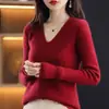 Nuevo Suéter de Punto para Mujer 2026 Otoño e Invierno, Cuello en V Simple, Color Sólido, Canalé, Ajuste Delgado, 100% Lana