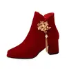Zapatos de Boda Chinos Rojos para Novia para Mujer Botines Gruesos de Invierno 2025 Nuevos Cremallera Lateral Borla Zapato de Tostado Botas de Boda para Mujer