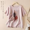 Foto Real de Camiseta de Manga Corta de Algodón y Lino 2026, Nueva Moda de Verano para Mujer, Top con Estampado Artístico, Corte Holgado, Adelgazante, Camiseta Ligera