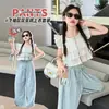 Conjunto de Blusa Estilo Muñeca con Mangas Voladas para Niñas 2026 Nuevo Atuendo de Verano Elegante para Niños Mayores, Conjunto de Dos Piezas con Pantalones Rectos Rayados