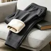 Calças casuais masculinas com forro de fleece, calças de inverno quentes e grossas de lã de cordeiro, calças esportivas de cintura alta, corte reto e solto