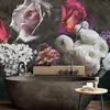 2025 Moderno Luxo Leve Rosa Preto Grande Floral Sem Costura Tecido de Parede Sala de Estar Entrada Mural de Fundo Aglomerado de Flores da Noite Escura