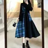 Vestido Longo Doce Fresco Irregular com Costura Xadrez Feminino Outono e Inverno Tamanho Grande Cintura Estreita com Cinto Vestido Camisa Princesa Escura