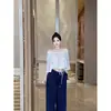 Toma real, precio real: Ropa de comercio exterior para mujer - Camiseta blanca holgada de manga media, pantalones casuales azul marino de cintura media con cordón, pantalones deportivos de pierna recta