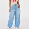 Calça Jeans Feminina de Cintura Alta Azul Escuro Wide Leg Comprimento Total Estilo Europeu e Americano, Versão Coreana, Calça Feminina Wide Leg Solta e Emagrecedora Tendência