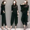 Conjunto de verano para mujer talla grande, nuevo conjunto de dos piezas estilo coreano, holgado y adelgazante, con pantalones de pierna ancha, moderno y elegante en rojo