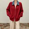 Suéter cárdigan de punto acanalado con cuello de mezclilla y cremallera para mujer, top de manga larga, abrigo holgado versátil e informal para capas en otoño e invierno