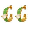Pendientes de latón con diseño de nicho retro francés, con incrustaciones de gotas de aceite verde, brillantes y circonitas para niñas.