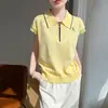 Camiseta de malha feminina com gola polo francesa e zíper, manga curta, para verão, fina, solta, moderna, para o trabalho, versátil, top com manguinhas curtas