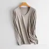 Playera de Algodón Mercerizado de Color Sólido Camiseta Básica de Manga Larga para Mujer Cuello Redondo Primavera y Otoño Ropa Interior Ajustada Estilo Coreano Camiseta Blanca para Mujer