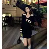 Vestido de punto negro con cuello, estilo chica hot, puro deseo, para mujer, nuevo modelo Otoño 2026, vestido bodycon ajustado de manga larga