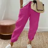 Pantalones Acampanados de Algodón y Lino Elástico de Cintura Alta con Bolsillos Sueltos Cortos para Mujer - Ropa Transfronteriza Europea y Americana de Amazon