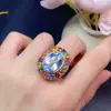 Anel de Topázio Azul Tesouro Natural Prata S925 Montagem Cristal Cor Fogo Limpo Brilhante Suprimento de Estúdio