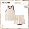 Pijama de Verano Integrado para Mujer con Copas, Chaleco y Shorts de Imitación de Algodón, Color Sólido, Adecuado para Salir, Anti-Exposición, Ropa de Casa de Verano