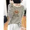 Camiseta de Algodão Puro Listrada de Manga Longa para Outono Inverno Feminina 2026 Nova Casual Tamanho Grande Roupas Femininas Emagrecedora Solta Camada Base Top