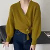 Cárdigan de punto con cordones para mujer, otoño/invierno 2026, diseño de nicho retro francés para mujer, abrigo suéter con cuello en V