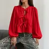 Nova Blusa Vermelha Cadarço Solta Nicho Mangas Bufantes [Exclusivo para]