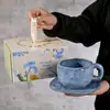 Juego de Taza y Platillo de Cerámica Artesanal Cocido en Horno Vintage, Taza de Cerámica Cristalizada Estilo Antiguo de Gran Capacidad