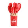 Conjunto de Utensílios de Cozinha Antiaderentes com Cabo de Madeira e Silicone, 12 Peças, Espátula, Concha, Balde de Armazenamento, Utensílios de Cozinha, Conjunto de 11 Peças em Estoque