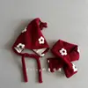 Gorro de Lana Flocado Rojo para Niños y Niñas, Gorro de Punto de Invierno con Protección para las Orejas, Set de Bufanda, Gorro Cálido y Lindo para Bebé