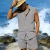 2026 Terno de Linho Masculino Europeu e Americano de Verão Transfronteiriço Praia Havaiano Lapela Camisa sem Manga Bermuda Terno para Homens